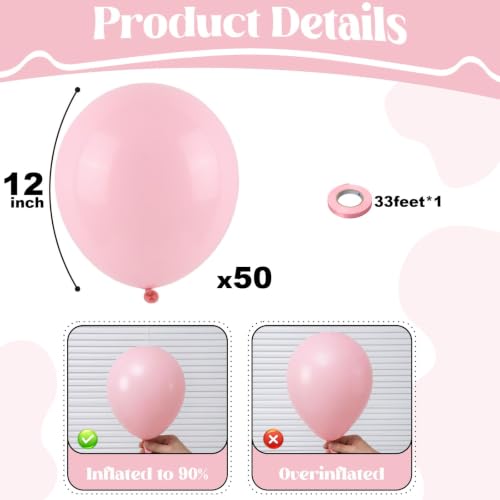Image of Togvu Pastel Pink Balloons, 50Pack 12 Inch Baby Pink Latex Party Balloons