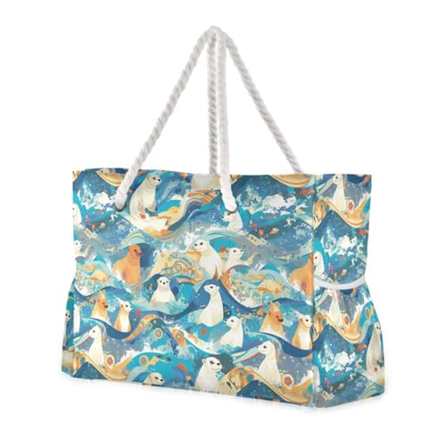 White Seal Japanese Style Waves Portable Pocket Tote Bag with side pocketes Outdoor Tote Bag with cup holders on the side