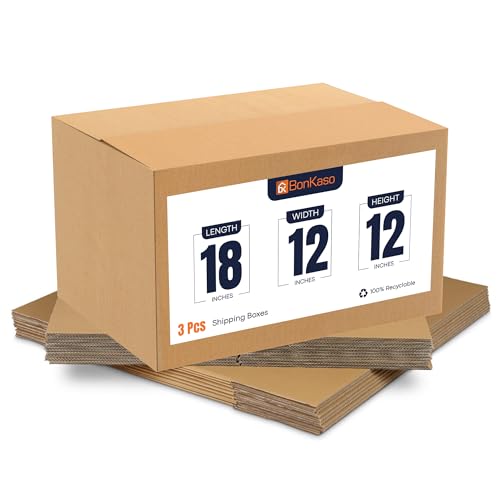 Image of BonKaso 5 Ply Corrugated Boxes for Packaging | 18 inchx12 inchx12 inch (Pack of 3) | Brown Cardboard Packing Box for Shipping, Moving & Storage | Large Cartons for Courier & Goods Transportation