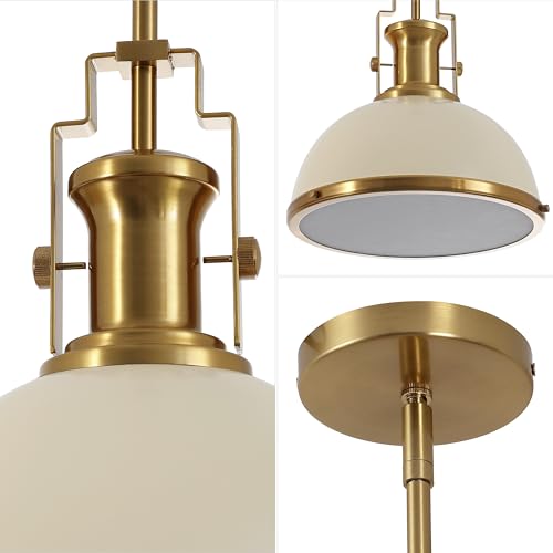 Image of JONATHAN Y Homer Industrial Dome Pendant 13 inch, Almond /Brass Gold | 1-Light, Farmhouse Style, Adjustable Hanging Height, Glass Diffuser, Sloped Ceiling Compatible, Metal, LED Bulb Included
