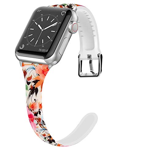 Lwsengme Compatible for Apple Watch Band 38MM 40MM 42MM 44MM, Silicone Slim Women iWatch Bands Wristband Compatible for Apple Watch Series 4 3 2 1 (Flower, 42MM/44MM)