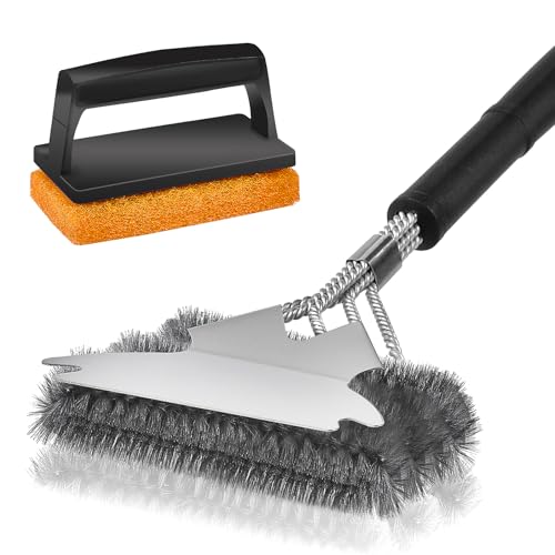 Brosse Barbecue avec Grattoir, 3 en 1 Grille BBQ Brosse de Nettoyage Métallique, Accessoires de Barbecue, 43CM Poignée Extra Longue pour Tous Les barbecues,...