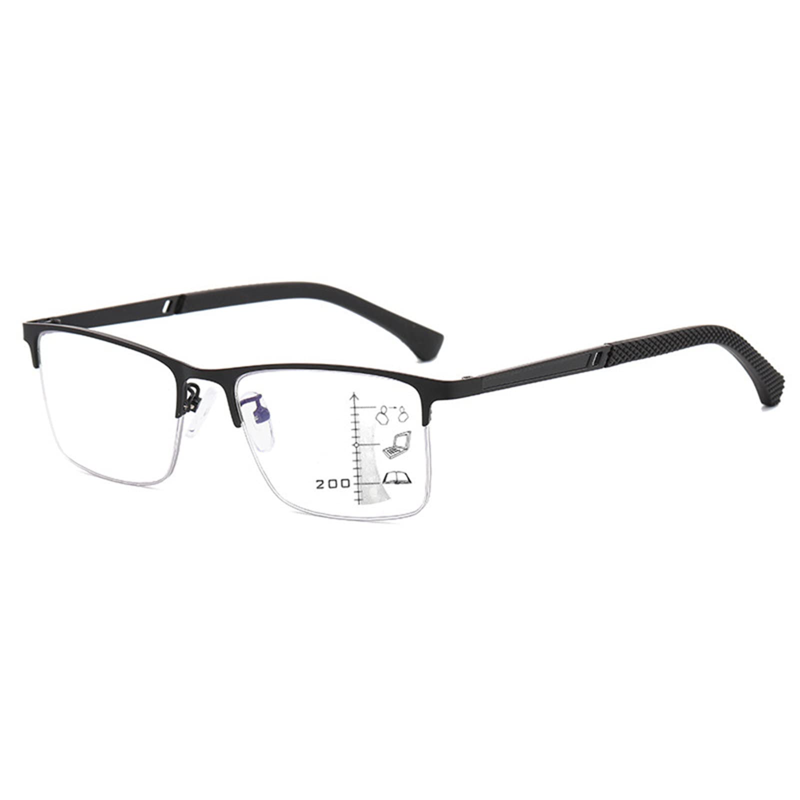 Gafas de Lectura de Medio Marco para Hombres Gafas de Ancianos HD de Enfoque Múltiple Progresivo con Bisagra Elástica Lector de Marco de Metal de Negocios,Black-+3.00