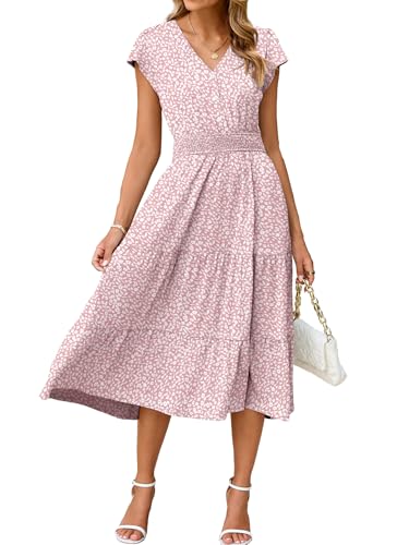Image of BerryGo Women's Floral Boho Ruffle Summer Midi Dress Short Sleeve V Neck Empire Waist Swing Flowy Dress