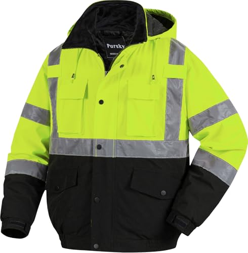 Pursky Hi Vis Rain Jacket Construction Clothes Reflective Motorcycle Winter Safety Coats For Men High Visibility Hooded Waterproof Bomber Jackets With Pockets Lime L