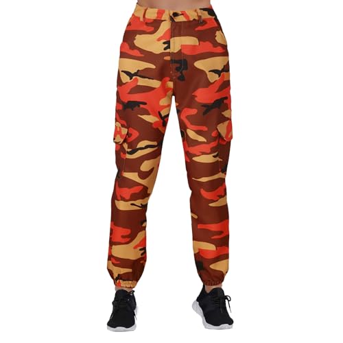 Generisch Pantalones cargo para mujer, pantalones de camuflaje, cintura elástica, informales, multi al aire libre, pantalones cortos para mujer, elegantes, naranja, L