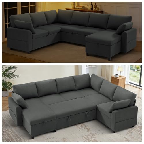Image of 112 inch Fabric Sectional Sofa w /Pull Out Bed & Storage Chaise, Grey