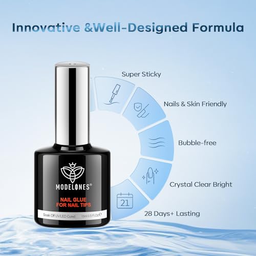 Image of modelones 10 in One X Nail Gel Glue Gel Base Coat Brush On Nail Polish Glue 2pcs 15ml for Tips, Rhinestones, Blooming Art Hema-Free Gel Kit for Acrylic Tips U V Lamp Needed