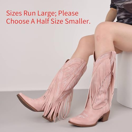 Image of Cowgirl Boots Women Retro Pull On Block Chunky Suede Fringe Cowboy Boots | Pointed Toe,Concert Outfits Knee High Western Boot, Country Boots,Tall Boot for ladies Party concert