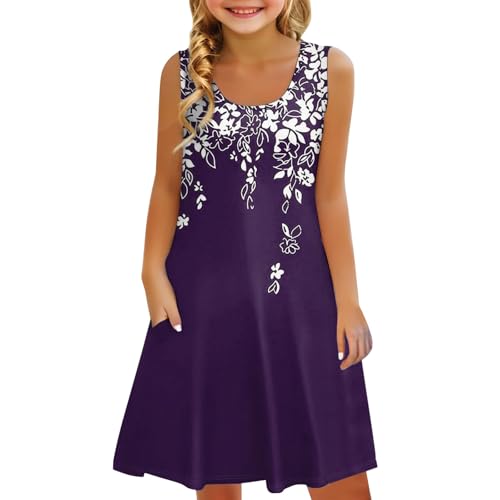 Sommerkleider für Mädchen, Bohè, floral, lässig, mit Taschen, ärmellos, schwingend, A-Linie, Strandkleid, violett, 12-13 Jahre