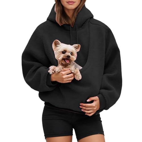 Sudadera con capucha para mujer, con bolsillo para perros, gatos, bolsillo para perros, sudadera con capucha, sudadera con capucha, bolsa de manga larga, otoño e invierno, Negro , S