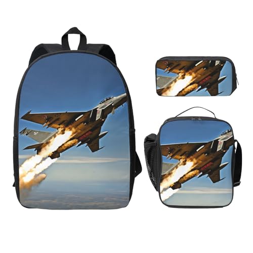 Sac à dos imprimé avions de chasse avec boîte à déjeuner et trousse scolaire 3 en 1 noir
