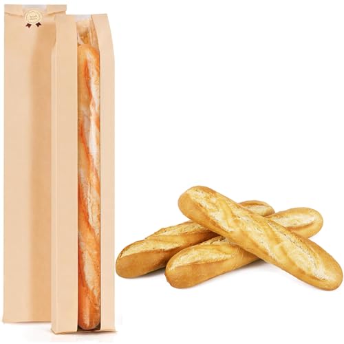 50 Pack Baguette Bags for Homemade Bread with Stickers Reusable Kraft Paper Bread Bags Long Sourdough Paper Bag with Clear Front Window