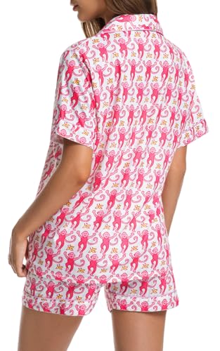 Image of Womens Pajamas Set Shorts Button Down 2 Piece Monkey Bunny Y2k Roller Dupes Rabbit Preppy Lounge Pjs Comfy Sleep Wear