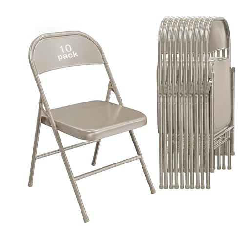 VISTACASA 10 Pack Heavy Duty Metal Folding Chairs 350 lbs Capacity All-Steel Frame Stackable & Portable Indoor Outdoor Seating for Party Wedding Event Office (Khaki)