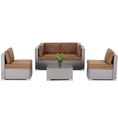 Suncrown 5 Piece Patio Outdoor Furniture Sets All Weather Grey Wicker Sectional Sofa With Glass Table Brown