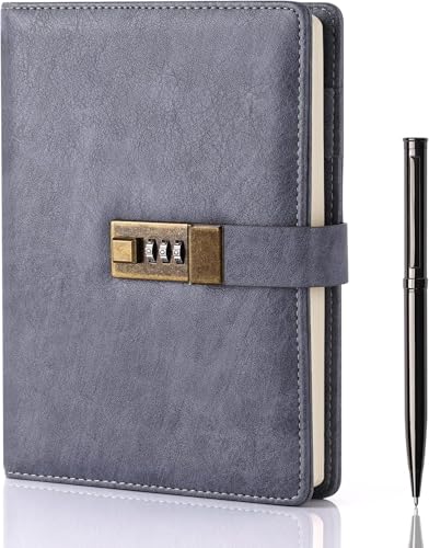 Image of Diary with Lock, A5 PU Leather Journal with lock, 240 Pages, Vintage Lock Journal with Pen & Gift Box, Lockable Diary for Women and Men, 8.6 x 5.8 Inches (Gray)