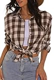 GUANYY Flannel Shirt Women Long Sleeve Button Down Classic Plaid Cowboy Shirt 2025 Fall Fashion Coffee Plaid X-Large