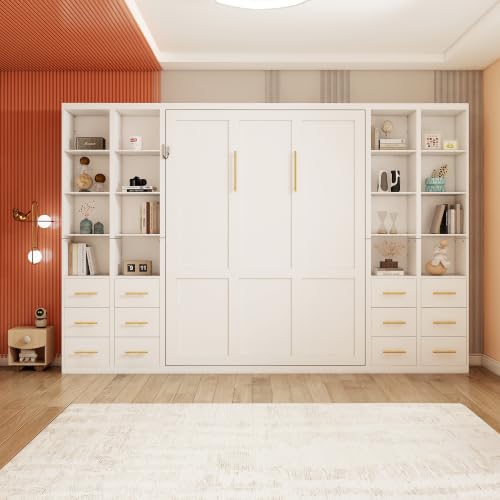 Image of KEIKI Queen Size Vertical Cabinet Murphy Bed with 4 Side Cabinet, White | Multifunctional Foldable Hideaway Wall Metal Bed Frame, No Box Spring Needed, Easy Assembly, for Bedroom, Guest Room