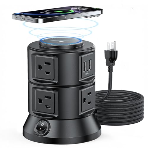 Image of Power Strip Tower 1875W 15A with 15W Magnetic Wireless Charger, Dual-Layer Rotatable Design, 540 Joules Surge Protector Tower with 6 AC Outlets and 4 USB Ports(2USBA+2USBC), 5FT Braided Extension Cord