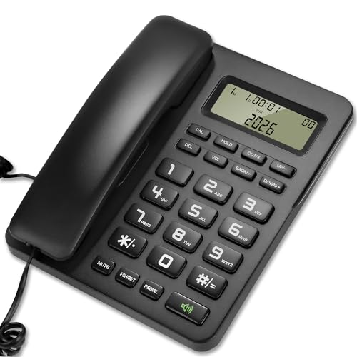 Corded Landline Phones for Home/Office, Desk Corded Telephone with Display and Adjustable Volume, Support Music on Hold, Speakerphone, DND and Calculator Function, Uvital House Phone (Black)