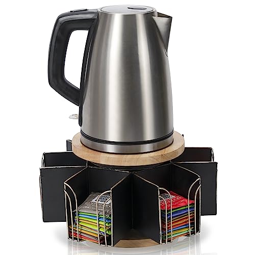 Made Easy Kit Metal Carousel Tea Bag Organizer & Kettle Stand Caddy- Modern Countertop Storage Solution for Tea Bags - Convenience for Home, Office, Kitchen (Black)