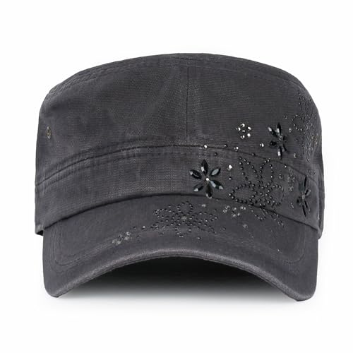 Image of ililily Crystal Gemstone Stud Flower Vintage Cotton Military Army Hat Cadet Cap