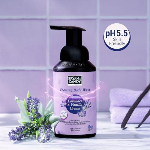 Image of Bryan & Candy Lavender & Vanilla Cream Foaming Body Wash, pH 5.5 Skin Friendly, with Niacinamide, Ceramides, Hyaluronic Acid, 250 ml