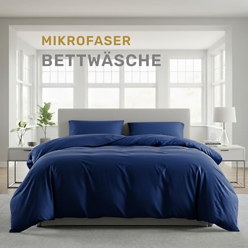 Lavea® Bettwäsche Set 200x220 (1X) + 80x80 (2X) Navyblau aus Mikrofaser -...