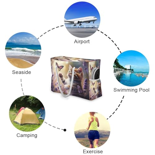 Cat Butterfly Beige Beach Tote Bag for Women Large Travel Tote Bags Waterproof Carry On Swim Pool Bag Beach Bags with Zipper for Yoga Gym Women Vacation Essentials Nurse4