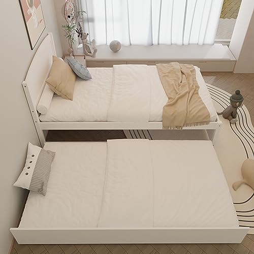 Image of Xilingol Trundle Bed Twin, Solid Wood Bed Frames with Headboard and Wooden Slats Support, Twin Trundle Bed Frame Roll Out, Single Box (No Box Spring Needed)