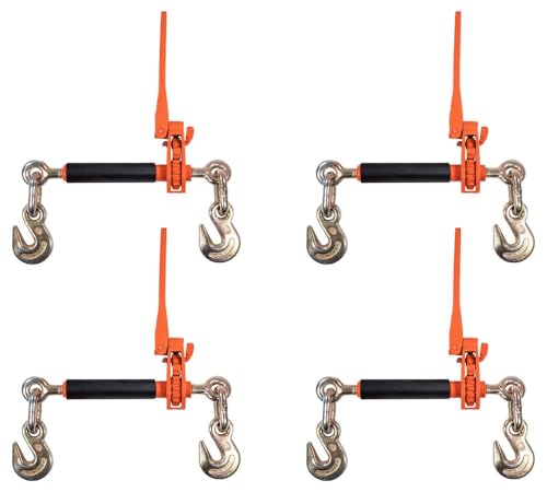 Image of Mytee Products 4 Pack 3 /8 inch - 1 /2 inch Hi-Viz Orange Quick Folding Handle Ratchet Load Binder with Grab Hook 12,000 lbs WLL | Tie Down Hauling Chain Binders for Flatbed Truck Trailer