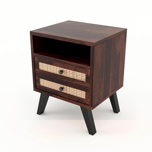Image of Wooden Bedside Table with 2 Cane Rattan Drawers & Open Shelf | Modern Nightstand for Bedroom (Walnut Finish)