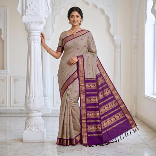 Image of Pure Kalyani Cotton Saree | Zari Border & Blouse Piece - Lata Gadwal Design | Traditional Saree