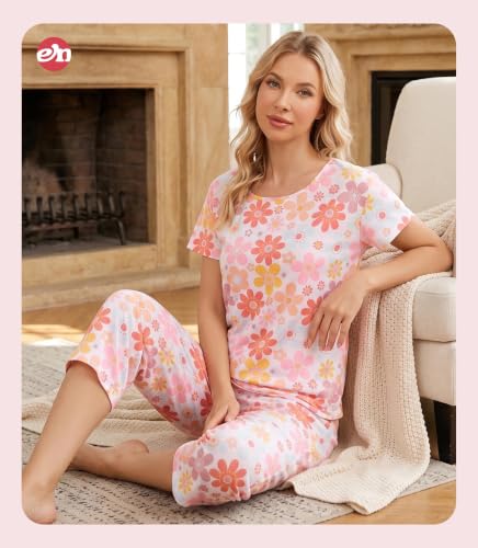 Image of ENJOYNIGHT Womens Pajama Sets Cotton Pj Set Short Sleeve Top With Capri Pants Sleepwear 2 Piece Lounge Set