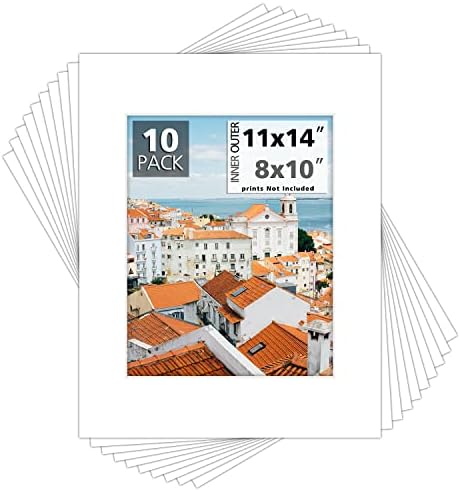 Mat Board Center, Pack of 10, 11x14 White Picture Mats with White Core Bevel Cut for 8x10 Pictures