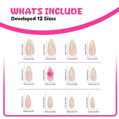 Image of Flower Press on Nails White French Tip Fake Nails Spring Nail Press ons 3D Floral Glue on Nails Medium Almond False Nails Glossy Artificial Acrylic Full Cover Stick on Nails for Women Manicure 24Pcs