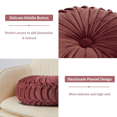 Image of HIG Set of 2 Decorative Round Pleated Throw Pillows,Classy Accent Pumpkin Throw Pillows with Center Button,Vintage Velvet Floor Pillows for Sofa Vanity Chair Bed,Dusty Rose,14.5 inch Diameter(Ripple)