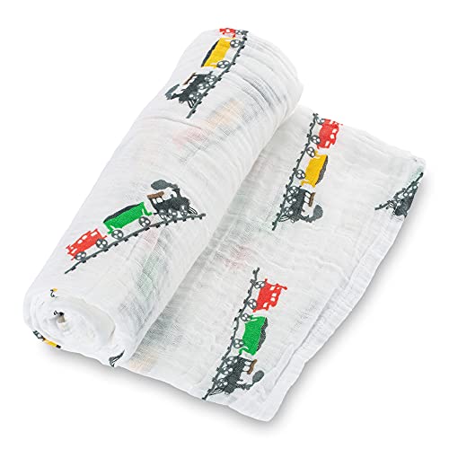 Image of LollyBanks Muslin Swaddle Blanket, 100% Muslin Cotton Baby Blanket for Boys, 47 X 47 Inches Soft and Breathable Newborn Receiving Blanket for Swaddling, Baby Essential, Registry (Train Print)