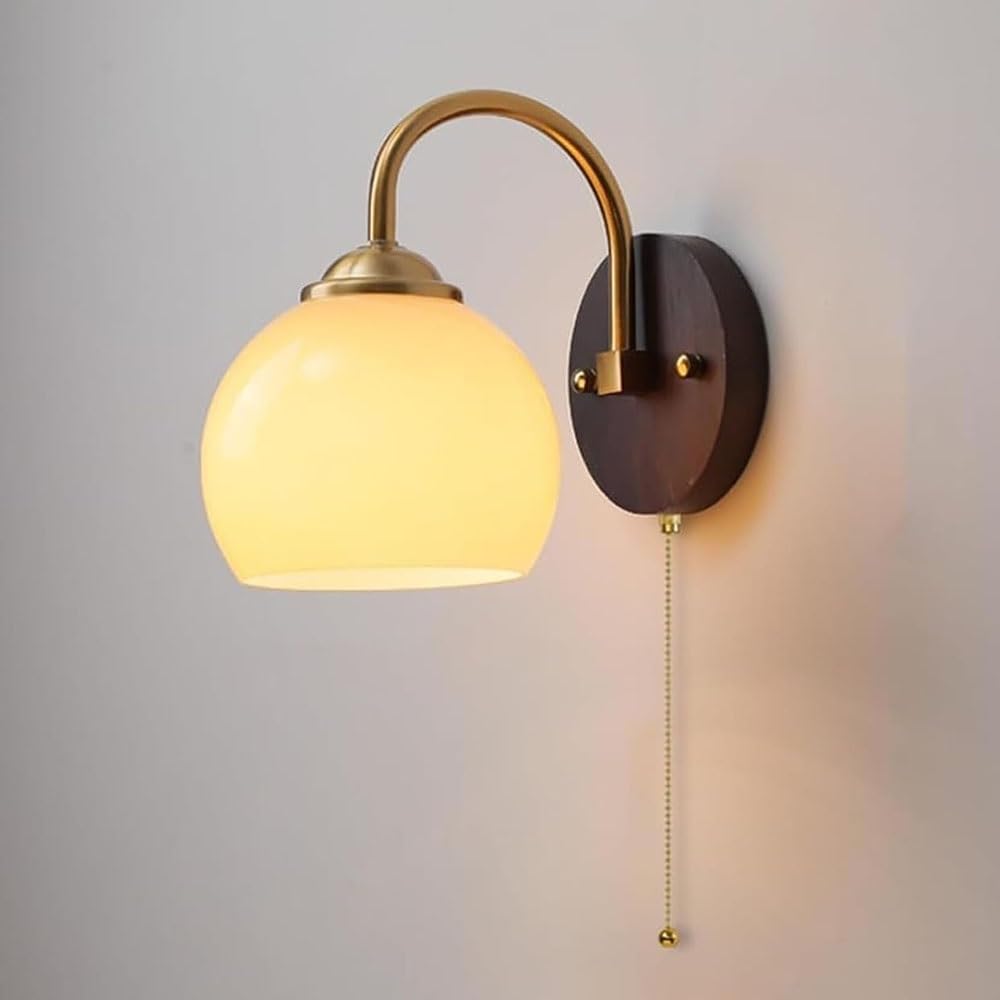 FEITENGDA Nordic Vintage Milk Glass Globe Wall Sconce Farmhouse Wood Base Wall Mount Light Mid Century Gold Brass Wall Lamp Fixture for Bedside Living Room Kitchen Hallway(Chain)
