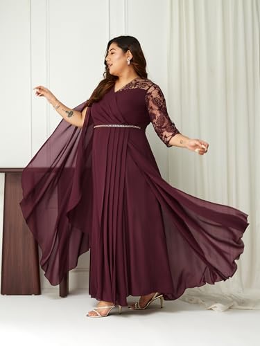 Image of Miss Chase A+ Women's Floral Printed Relaxed Fit V -Neck 3 /4Th Sleeve Georgette Maxi Dress