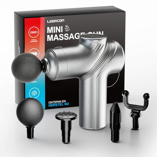 LEERCON Deep Tissue Mini Massage Gun, Muscle Percussion Massager for Athletes, 4 Massages Head and 6 Speeds for Pain Relief, Grey