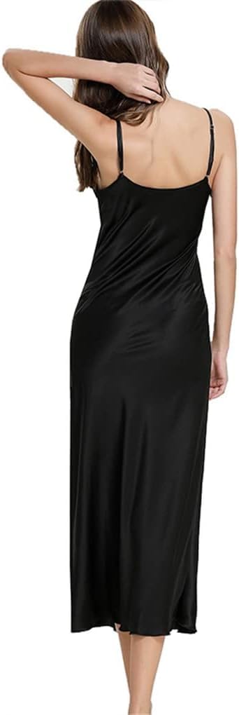 Chemise de nuit satin col V pyjama de mariée sexy noir XL caraco long couleur unie