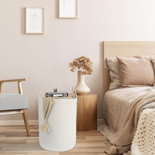 Image of XUANGUO White Cotton Rope Laundry Basket Hamper for Clothes Large