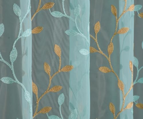 Image of Fabrilia Sheer Tissue Embroidery Curtain for Living Room, Bedroom & Dining Area | Leaf Vine Pattern Net Eyelet Curtain | Aqua with Gold Touch Design | 7 feet Long Set of 2 Curtain
