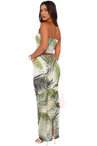 Image of Two Piece Dress Outfits for Women Sleeveless Tube Tops Bodycon Maxi Dress Summer Strapless Crop Top Sexy Suits Set