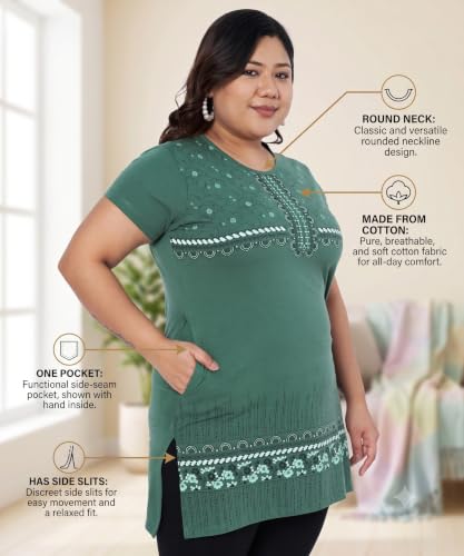 Image of Women Printed Cotton Tshirt with Side Slits & Pocket