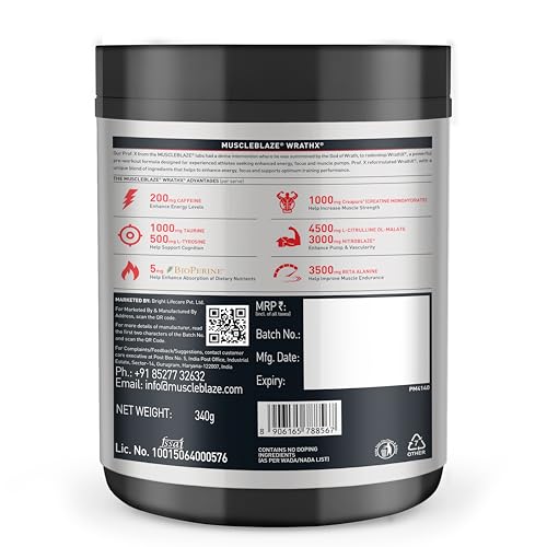 Image of MuscleBlaze Pre Workout WrathX Powder, Mango Mayhem (20 Servings, 340g) | With Creapure, NitroBlaze & BioPerine