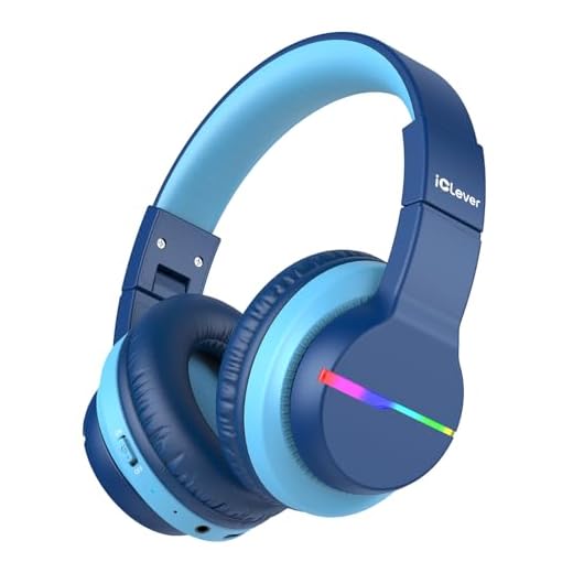iClever BTH12 Kids Bluetooth Headphones,Colorful LED Lights Kids Headphones Wireless,74/85dBA Safe Volume,85H Playtime,Fast Charging,Bluetooth 5.2,Over Ear,Built-in Mic for iPad/Tablet/Airplane,Blue