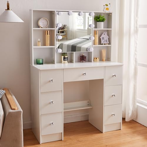 Ereousa Postazione Trucco con Specchio, Toilette Trucco con Luci, Luminosità regolabile, Toletta da Trucco con 7 Cassetti, 6 Ripiani, Bianco 40x100x140cm, H010619